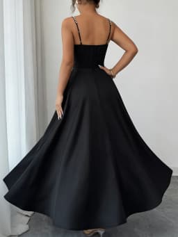 Women's Black Satin Maxi Dress Beaded Spaghetti Strap Square Neck High Waist A Line Elegant Spring Summer Party Evening Dress