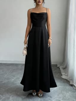 Women's Black Satin Maxi Dress Beaded Spaghetti Strap Square Neck High Waist A Line Elegant Spring Summer Party Evening Dress