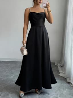 Women's Black Satin Maxi Dress Beaded Spaghetti Strap Square Neck High Waist A Line Elegant Spring Summer Party Evening Dress