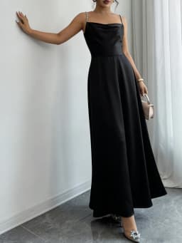 Women's Black Satin Maxi Dress Beaded Spaghetti Strap Square Neck High Waist A Line Elegant Spring Summer Party Evening Dress