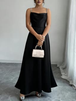 Women's Black Satin Maxi Dress Beaded Spaghetti Strap Square Neck High Waist A Line Elegant Spring Summer Party Evening Dress