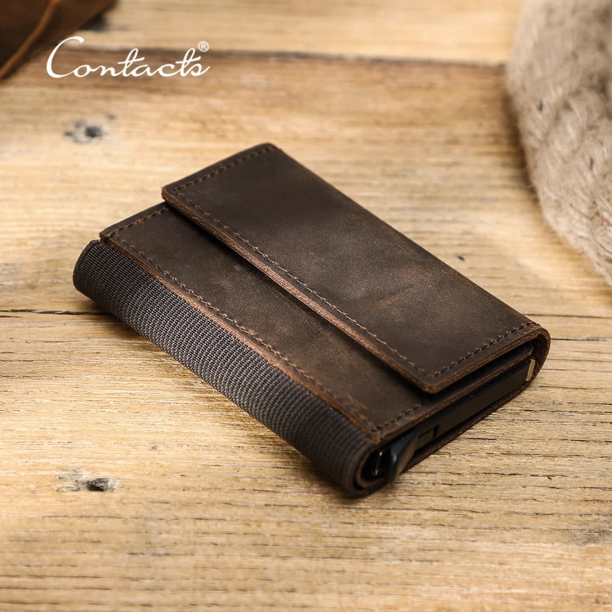 CONTACT'S Crazy Horse Leather Card Holder Wallet Men Automatic Pop Up ID Card Case Small Coin Purse RFID Blocking Male Wallets