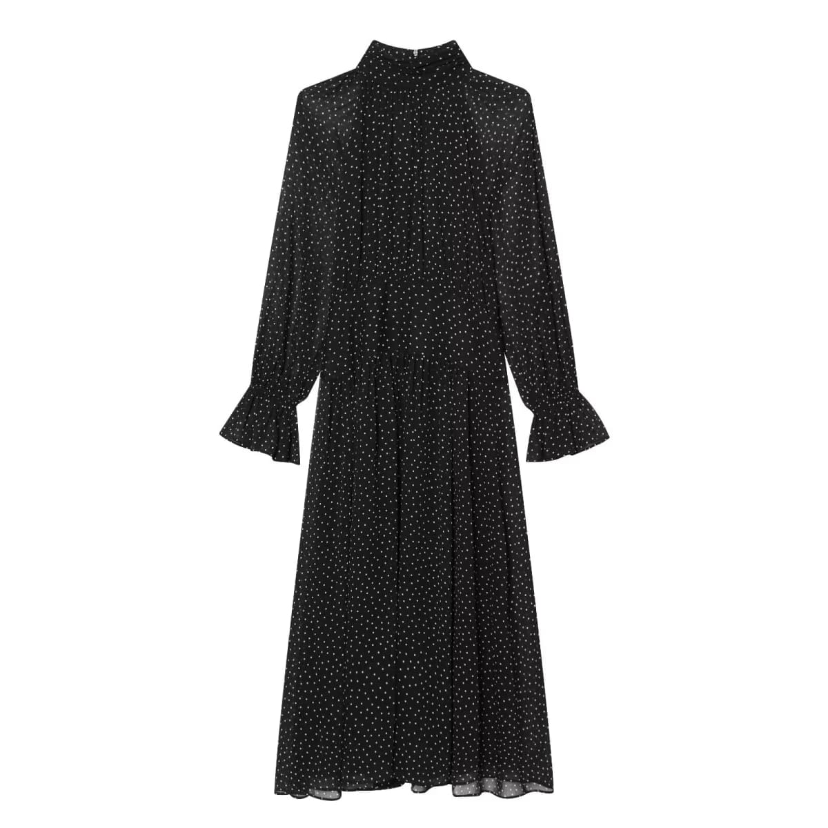Spring and summer new women's minimalist polka dot printed high neck long sleeved pleated decorative dress