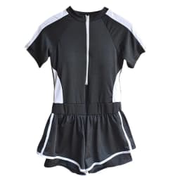 Athletic Black Short Sleeve Two Piece Swimsuit with Zipper Front Contrast Stripe Sporty Swimwear for Beach Pool Vacation