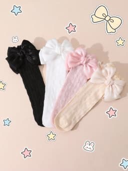 4 Pairs of Baby Girls' Cute Bow Decoration Mid-Calf Socks, Soft Mesh Breathable Socks for Girls to Wear during Outdoor Activities