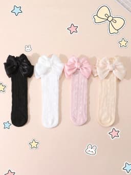 4 Pairs of Baby Girls' Cute Bow Decoration Mid-Calf Socks, Soft Mesh Breathable Socks for Girls to Wear during Outdoor Activities