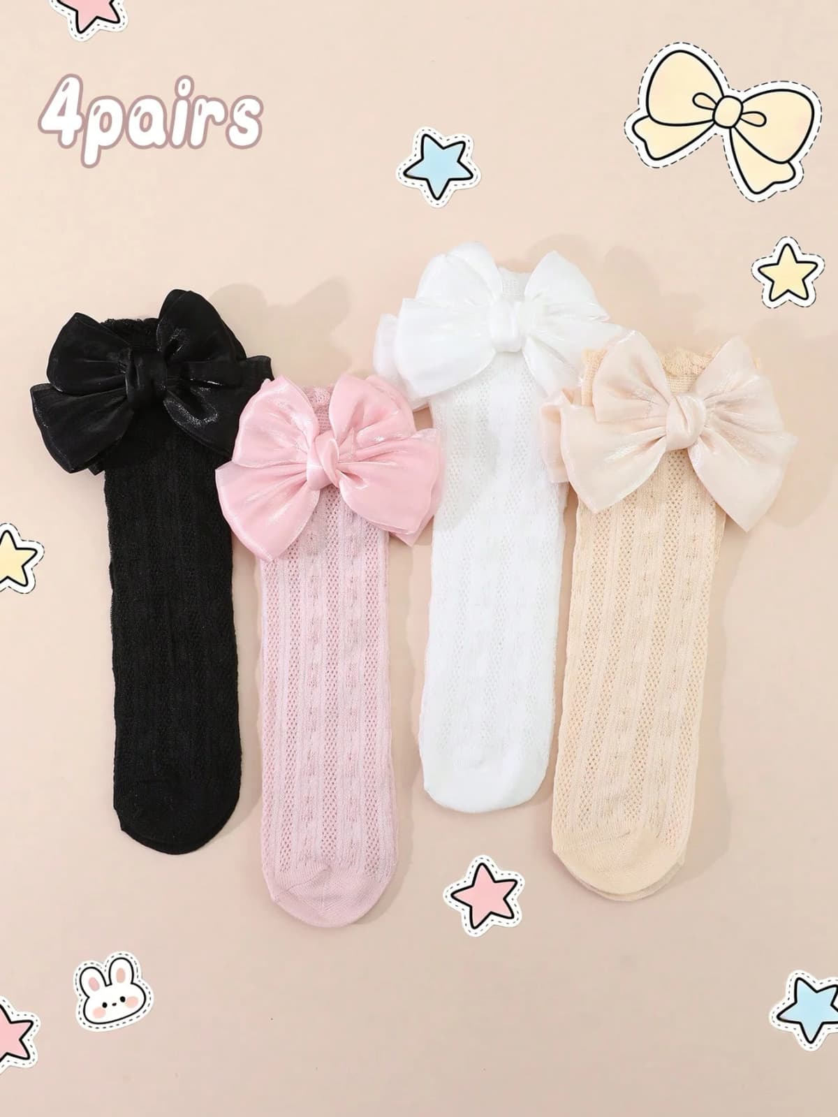 4 Pairs of Baby Girls' Cute Bow Decoration Mid-Calf Socks, Soft Mesh Breathable Socks for Girls to Wear during Outdoor Activities
