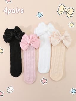 4 Pairs of Baby Girls' Cute Bow Decoration Mid-Calf Socks, Soft Mesh Breathable Socks for Girls to Wear during Outdoor Activities