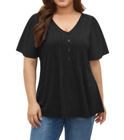Summer Loose Women's T-Shirt High Quality V Neck Button Decor Solid Color Short Sleeve Women's Casual Wear T-Shirt Plus Size