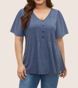 Summer Loose Women's T-Shirt High Quality V Neck Button Decor Solid Color Short Sleeve Women's Casual Wear T-Shirt Plus Size