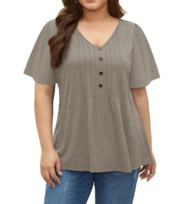 Summer Loose Women's T-Shirt High Quality V Neck Button Decor Solid Color Short Sleeve Women's Casual Wear T-Shirt Plus Size