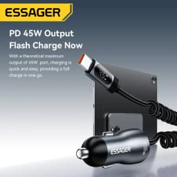 Essager 108W Car Charger with USB-C & USB-A Ports PD QC4.0 Fast Charging Digital Display Spring Cable for iPhone 17 16 15 14pro
