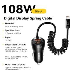 Essager 108W Car Charger with USB-C & USB-A Ports PD QC4.0 Fast Charging Digital Display Spring Cable for iPhone 17 16 15 14pro