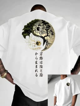 Mens Summer 100% Pure Cotton Japanese Yin Yang Pattern Front and Back Printed Casual Loose Crew Neck Short Sleeve T Shirt