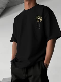 Mens Summer 100% Pure Cotton Japanese Yin Yang Pattern Front and Back Printed Casual Loose Crew Neck Short Sleeve T Shirt
