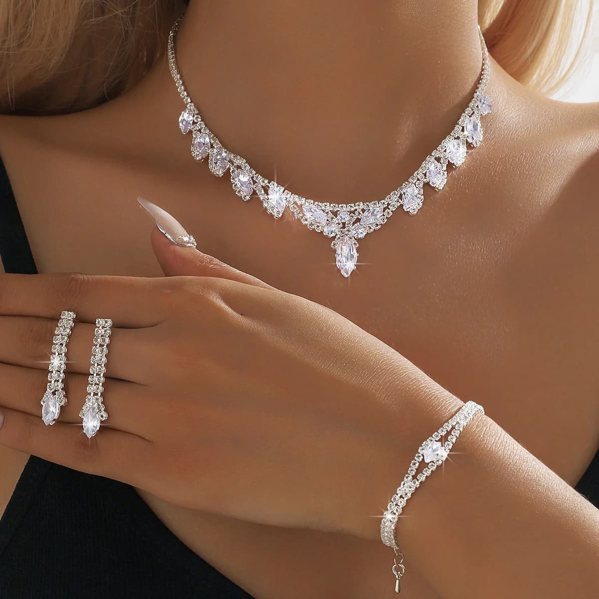 Zircon Waterdrop Necklace Earrings Set - Elegant Jewelry Set of Flower Designs Memorial Day gift