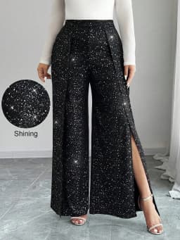 Plus Size Women Wide Leg Pants High Waisted Sequined Side Slit Glitter Pants, Straight Leg Pants, Party Club