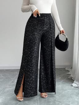 Plus Size Women Wide Leg Pants High Waisted Sequined Side Slit Glitter Pants, Straight Leg Pants, Party Club