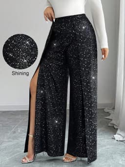 Plus Size Women Wide Leg Pants High Waisted Sequined Side Slit Glitter Pants, Straight Leg Pants, Party Club