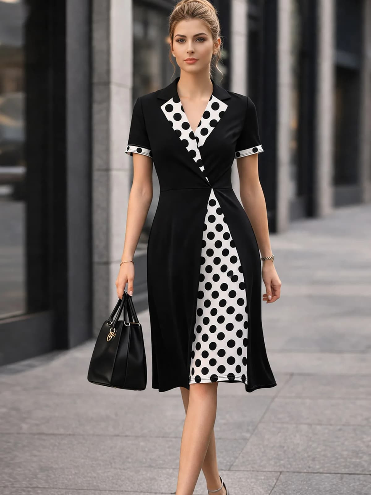 Womens Elegant Retro Lapel V-Neck Short Sleeve Summer Office Work Party Midi Dress, Polka-Dot Wrap Style, Slim A-Line Skirt
