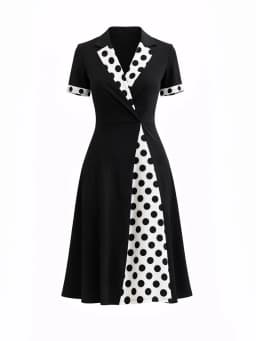 Womens Elegant Retro Lapel V-Neck Short Sleeve Summer Office Work Party Midi Dress, Polka-Dot Wrap Style, Slim A-Line Skirt