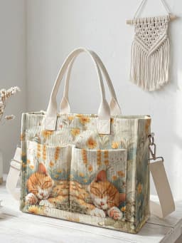 Sleeping Orange Cat Floral Print Corduroy Tote Bag Large Capacity Multi Pocket Commuter Shoulder Bag
