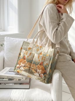 Sleeping Orange Cat Floral Print Corduroy Tote Bag Large Capacity Multi Pocket Commuter Shoulder Bag