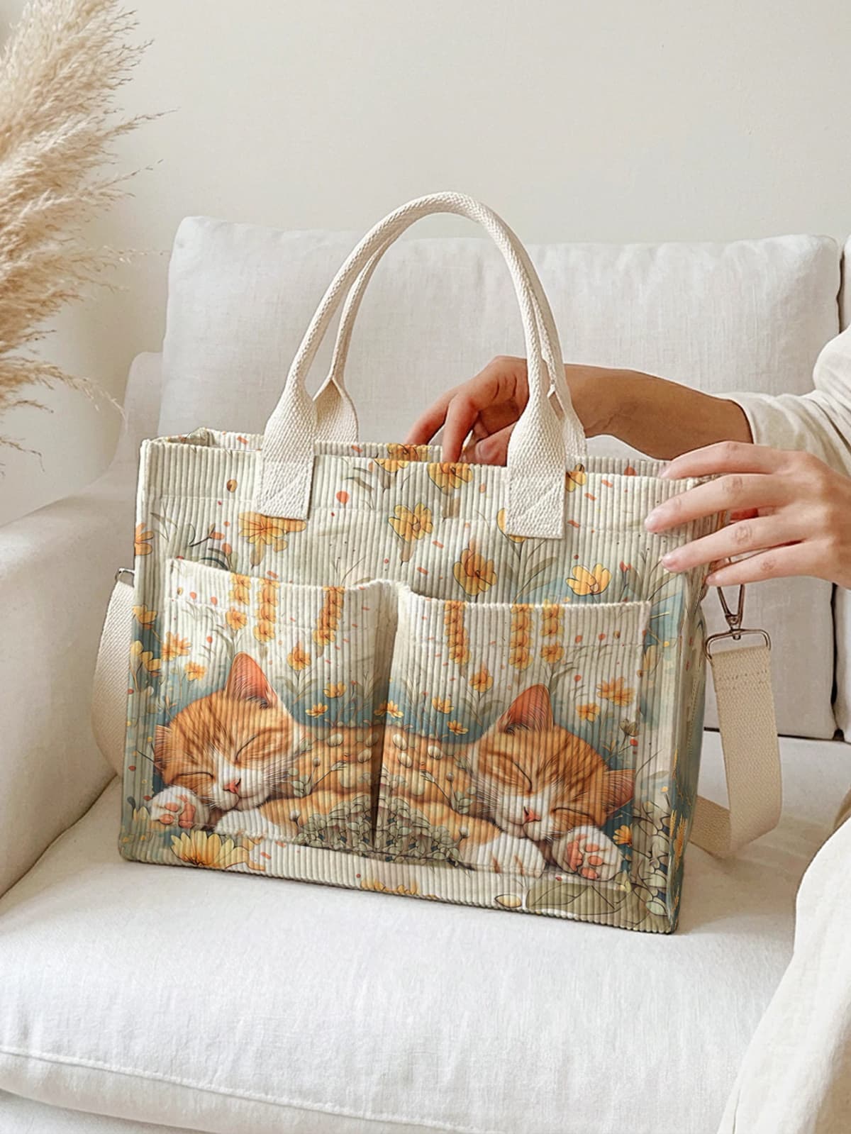 Sleeping Orange Cat Floral Print Corduroy Tote Bag Large Capacity Multi Pocket Commuter Shoulder Bag