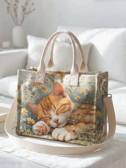 Sleeping Orange Cat Floral Print Corduroy Tote Bag Large Capacity Multi Pocket Commuter Shoulder Bag