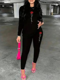 2026 Women's Casual Elegant Rose Printed Two Piece Solid Color Round Neck Long Sleeve T-shirt and Solid Color Printed Pants Set