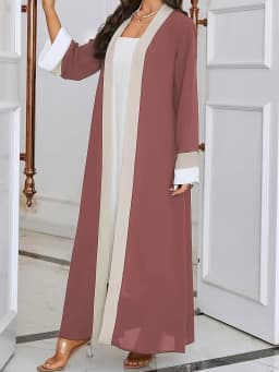 2026 Women's Casual Ramadan Open Front Long Sleeve Dress, Elegant Color Contrasting Slim Fit Extra Long Dress, Women's Wear 1