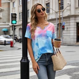 Pink Blue Tie Dye V-Neck Tee - Aesthetic Pastel Pocket Short Sleeve Shirt for Women