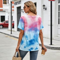 Pink Blue Tie Dye V-Neck Tee - Aesthetic Pastel Pocket Short Sleeve Shirt for Women