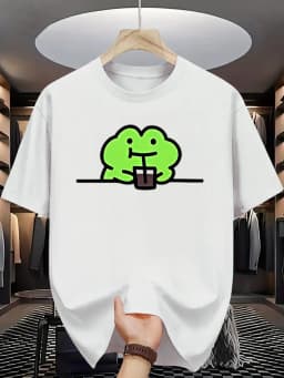 Adorable Kawaii Green Frog Drinking Coffee Print T-Shirt Korean Style Casual All Match Short Sleeve Top for Men and Women Black