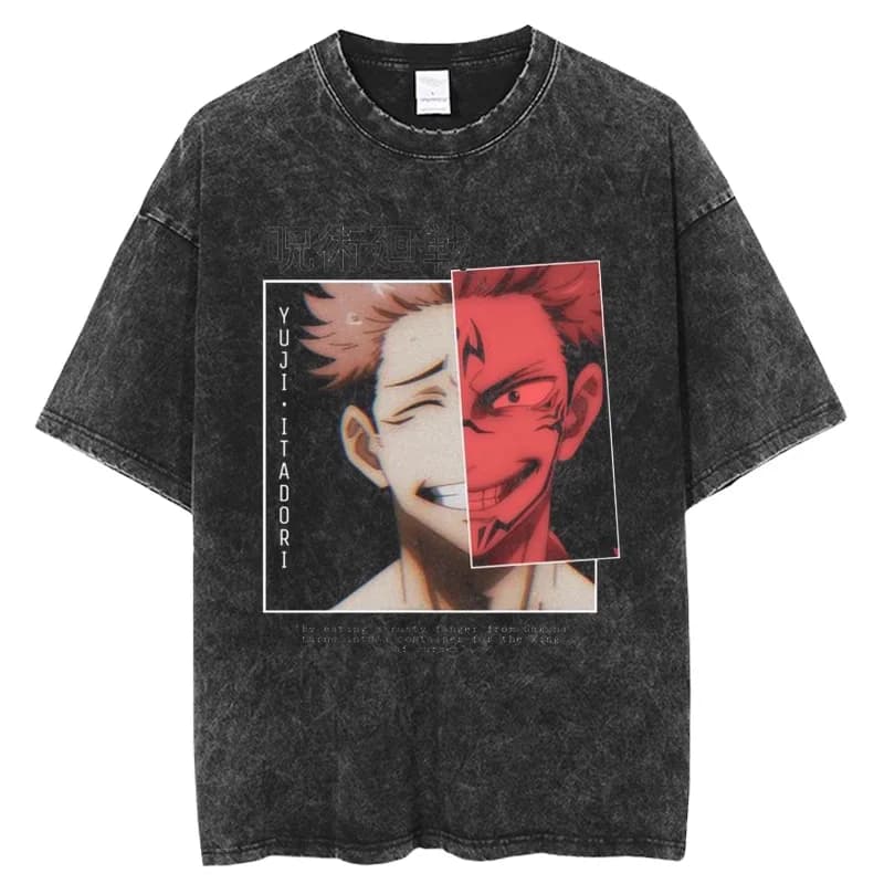 Jujutsu Kaisen Yuji Itadori & Ryomen Sukuna Split Face Printed T-shirt Men's and Women's Washed T-shirt High Quality T-shirt