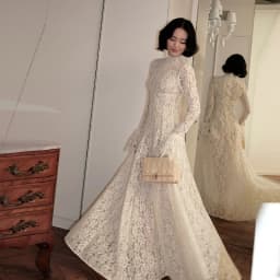 2026 New Solid Color Floral Lace Maxi Dress High Neck Long Flare Sleeve A Line Floor Length Formal Wedding Evening Party Gowns
