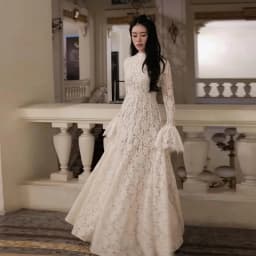 2026 New Solid Color Floral Lace Maxi Dress High Neck Long Flare Sleeve A Line Floor Length Formal Wedding Evening Party Gowns