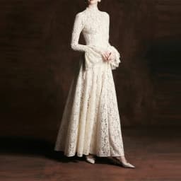 2026 New Solid Color Floral Lace Maxi Dress High Neck Long Flare Sleeve A Line Floor Length Formal Wedding Evening Party Gowns