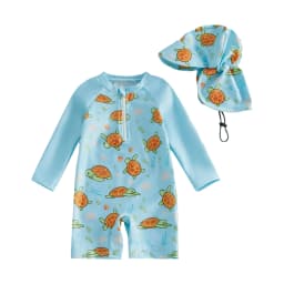 Toddler Baby Boys Rash Guard Swimsuits Fashionable Marine Life Printed Long Sleeve Jumpsuit with Hat 2Pcs Swimwear
