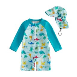 Toddler Baby Boys Rash Guard Swimsuits Fashionable Marine Life Printed Long Sleeve Jumpsuit with Hat 2Pcs Swimwear