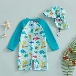 Toddler Baby Boys Rash Guard Swimsuits Fashionable Marine Life Printed Long Sleeve Jumpsuit with Hat 2Pcs Swimwear