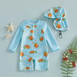 Toddler Baby Boys Rash Guard Swimsuits Fashionable Marine Life Printed Long Sleeve Jumpsuit with Hat 2Pcs Swimwear
