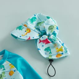 Toddler Baby Boys Rash Guard Swimsuits Fashionable Marine Life Printed Long Sleeve Jumpsuit with Hat 2Pcs Swimwear