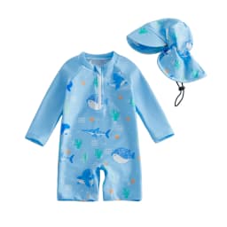 Toddler Baby Boys Rash Guard Swimsuits Fashionable Marine Life Printed Long Sleeve Jumpsuit with Hat 2Pcs Swimwear