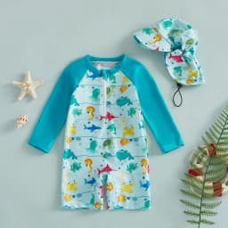 Toddler Baby Boys Rash Guard Swimsuits Fashionable Marine Life Printed Long Sleeve Jumpsuit with Hat 2Pcs Swimwear