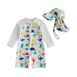 Toddler Baby Boys Rash Guard Swimsuits Fashionable Marine Life Printed Long Sleeve Jumpsuit with Hat 2Pcs Swimwear
