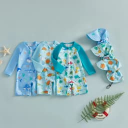 Toddler Baby Boys Rash Guard Swimsuits Fashionable Marine Life Printed Long Sleeve Jumpsuit with Hat 2Pcs Swimwear
