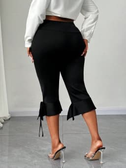 Plus Size Women's High Waist Capri Pants with Ruffle Hem & Tie Detail