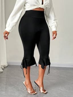 Plus Size Women's High Waist Capri Pants with Ruffle Hem & Tie Detail
