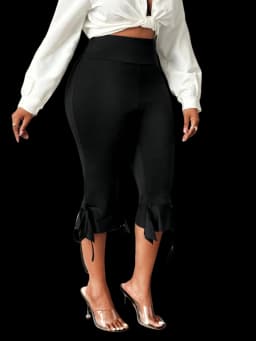 Plus Size Women's High Waist Capri Pants with Ruffle Hem & Tie Detail